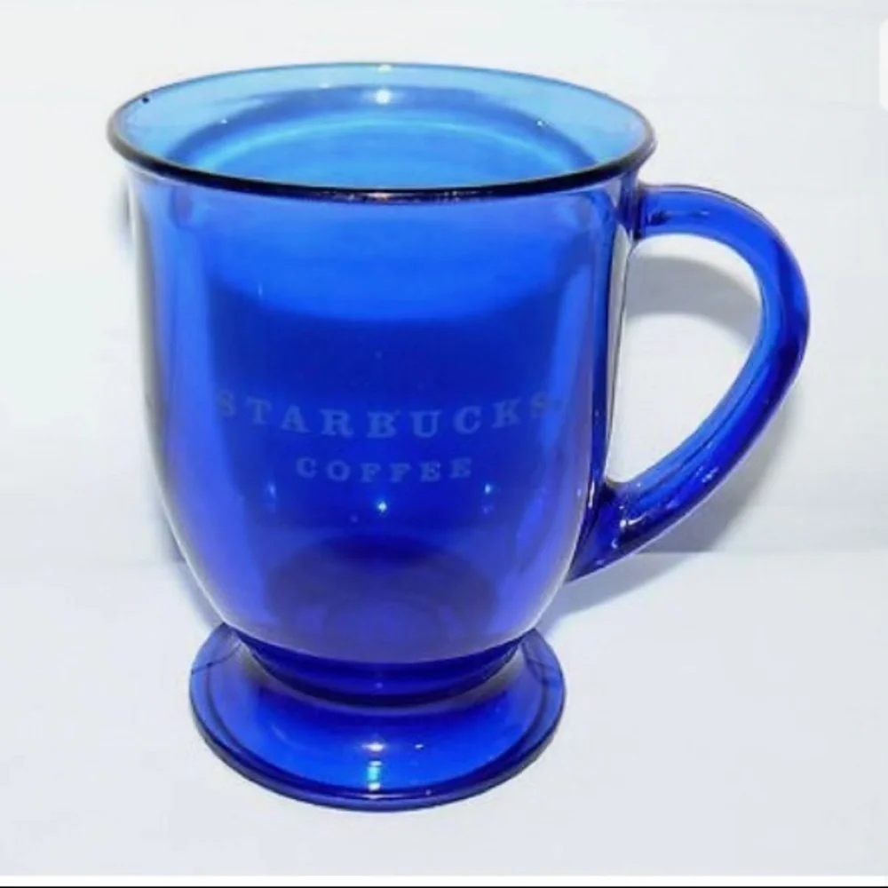 STARBUCKS 14 OZ BLUE GLASS CAPITAL LETTER ETCHED SCRIPT PEDESTAL MUG CUP